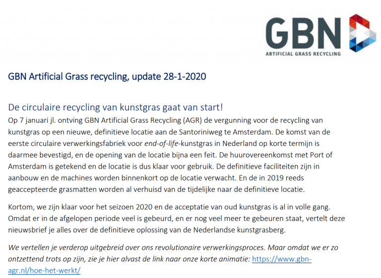 Recycling kunstgras in NL GBN Artificial Grass recycling, update 28-1-2020
